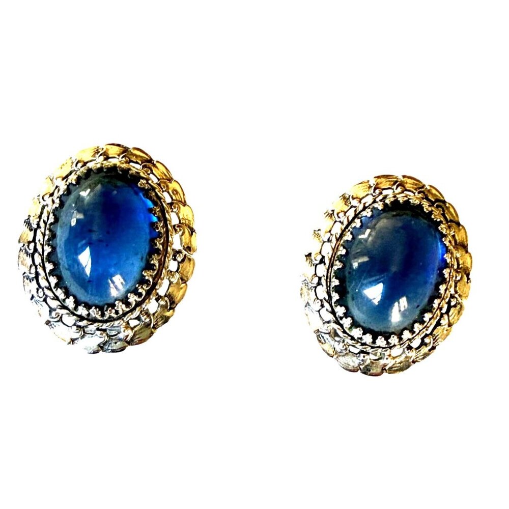 Vintage Blue Cabochon Jewelry | Whiting Davis signed Clip on Earrings Silver Ton